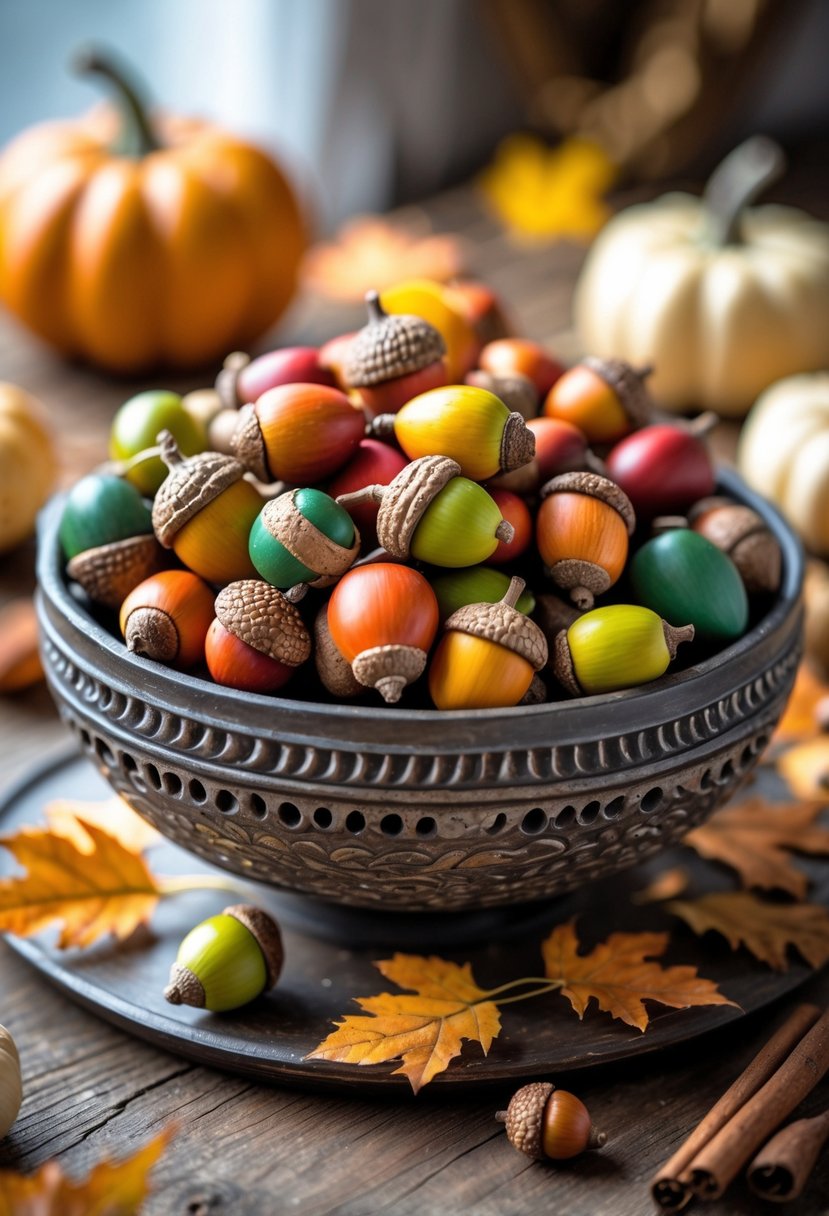 A decorative bowl filled with colorful acorns placed on a wooden surface with fall-themed decorations around it.