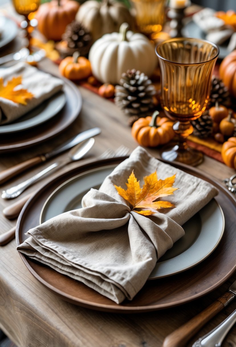 A fall-themed dining table with pocket-folded napkins holding autumn leaves, surrounded by plates, silverware, and seasonal decorations.