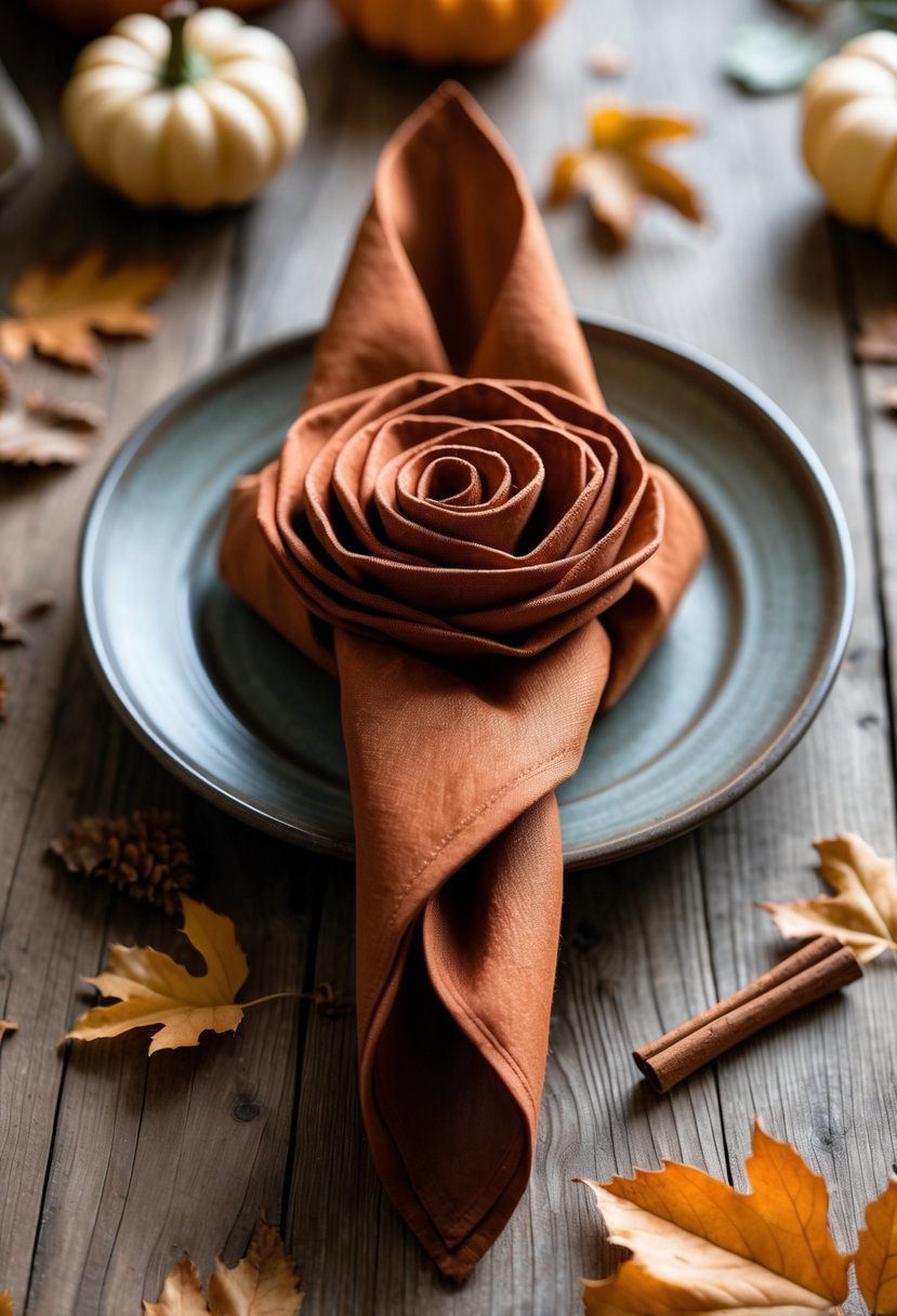 A table set for fall with a rose-shaped folded napkin on a plate surrounded by small pumpkins and autumn leaves.