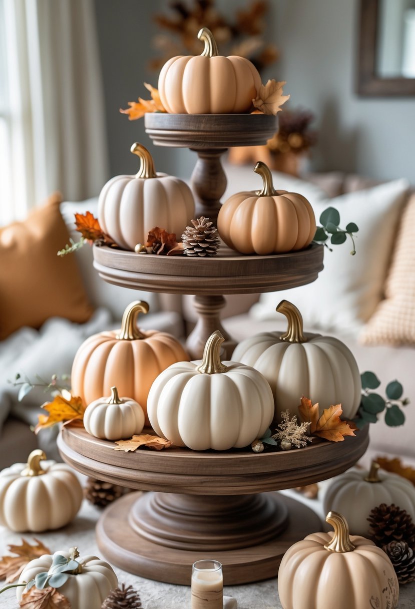 Ceramic pumpkin figurines with matte finish arranged on a tiered wooden tray with fall leaves and pinecones.
