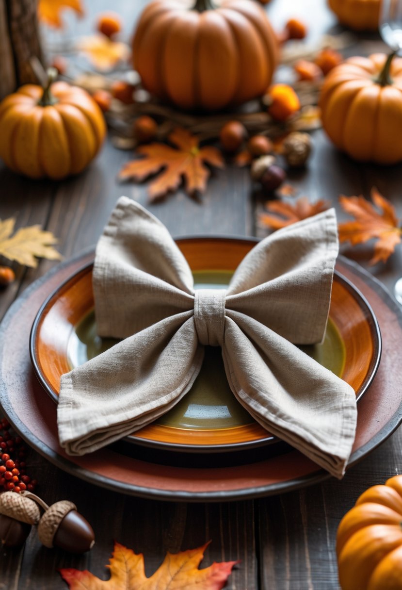 A fall-themed dining table with a bow tie folded napkin on a plate surrounded by pumpkins, autumn leaves, and acorns.