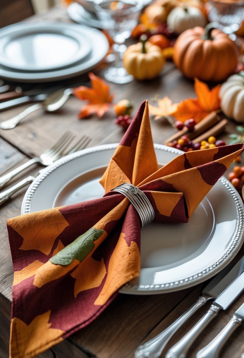 A table set with a folded origami crane napkin surrounded by fall decorations like small pumpkins and autumn leaves.