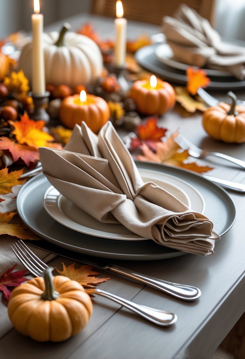 A fall dining table set with 15 napkins folded in diamond pleat patterns, surrounded by autumn decorations like pumpkins and colorful leaves.