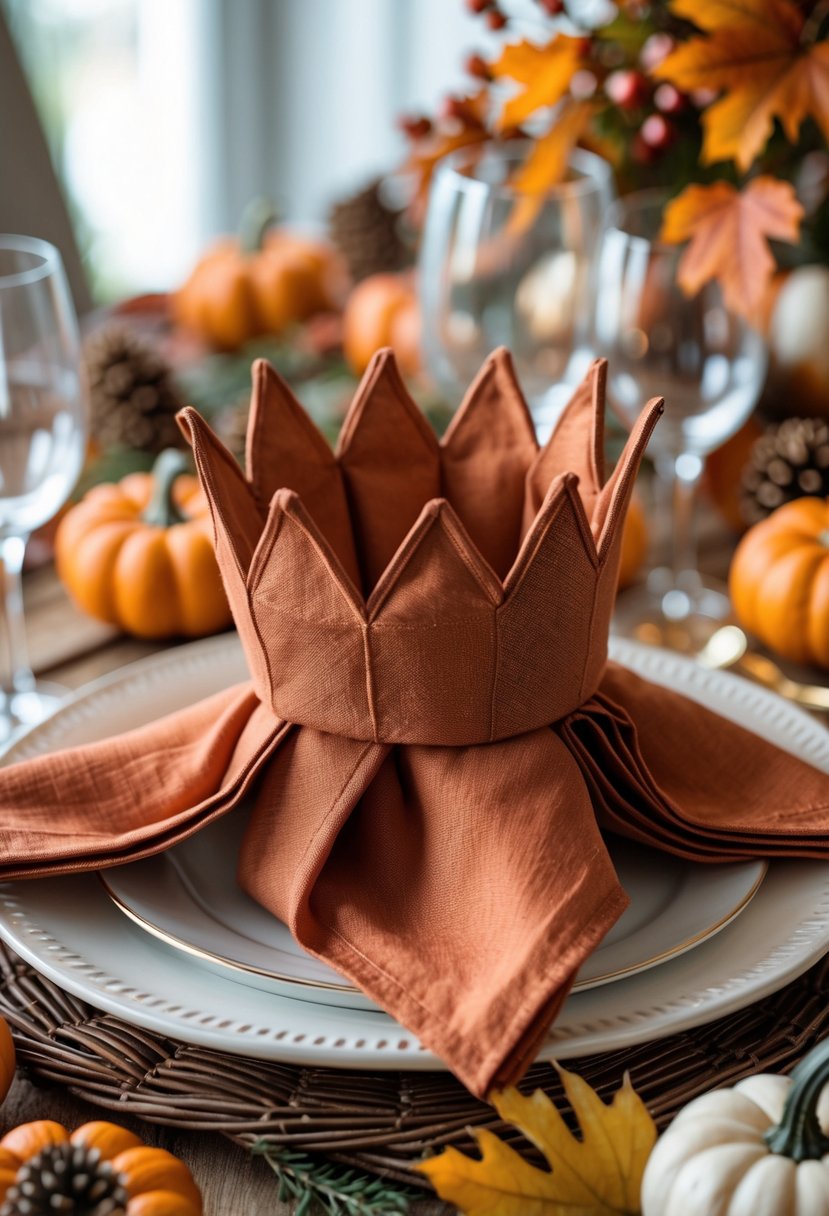 A table set for fall with a crown-shaped folded napkin on a plate surrounded by autumn decorations like pumpkins and leaves.