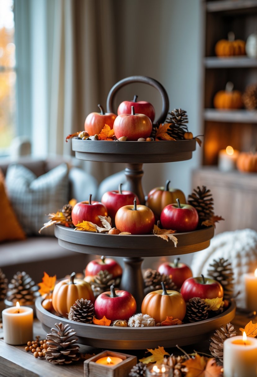 A tiered tray decorated with mini glossy faux apples, small pumpkins, pinecones, dried leaves, and candles on a wooden surface.