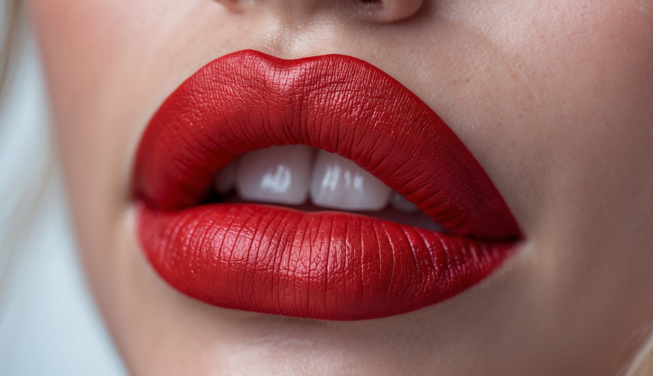 Close-up bibir wanita dengan lipstik matte merah yang rapi dan halus.