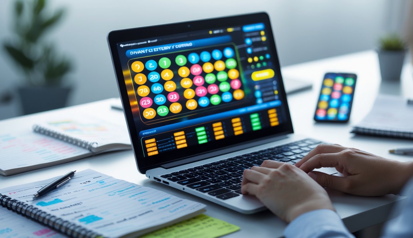 Meja kerja dengan laptop menampilkan permainan togel online, tangan seseorang sedang mencatat strategi dengan pena dan kertas, suasana fokus dan tenang.