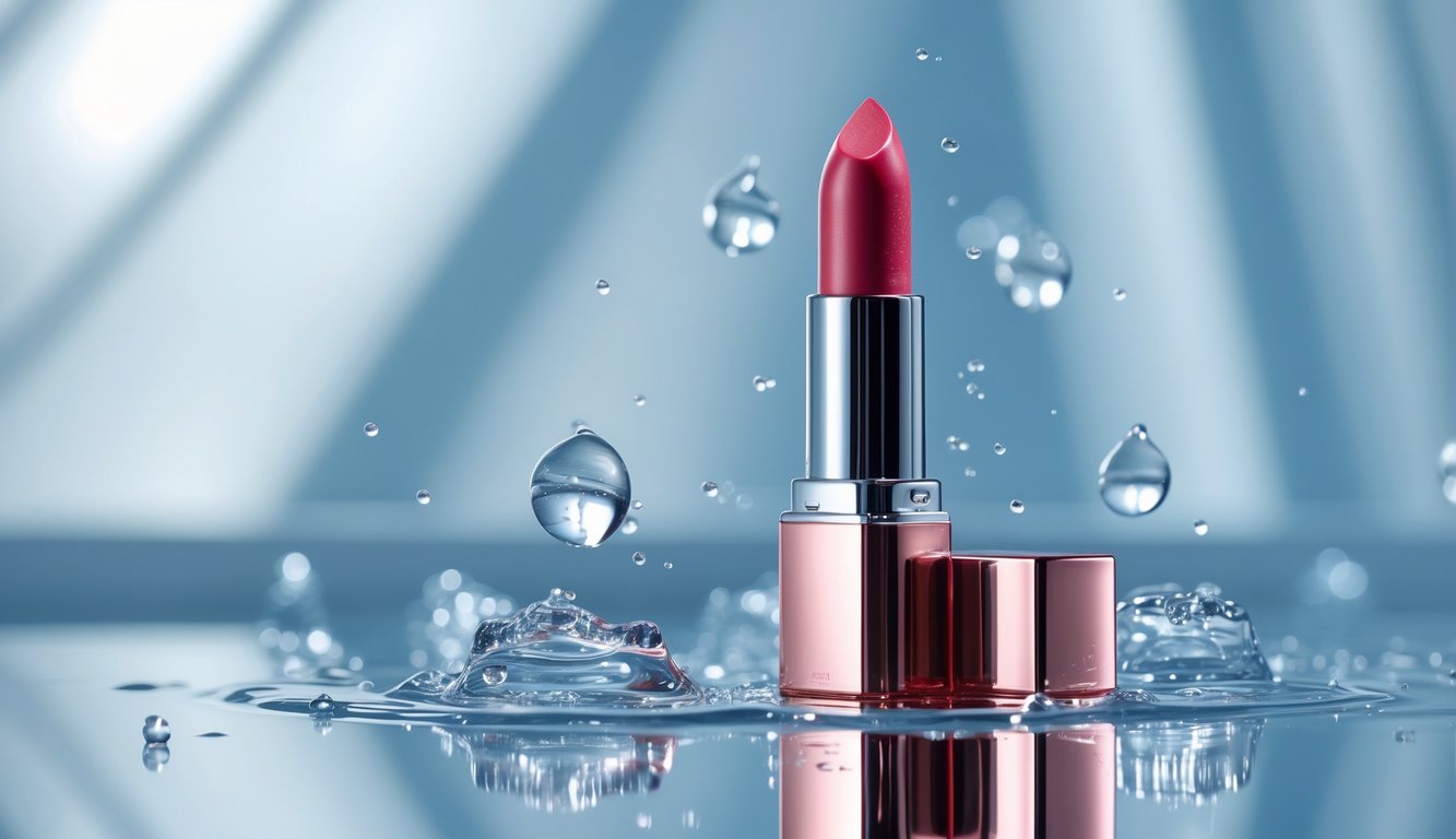 Tabung lipstik tahan air berwarna merah cerah berdiri di atas permukaan reflektif dengan tetesan air di sekitarnya.