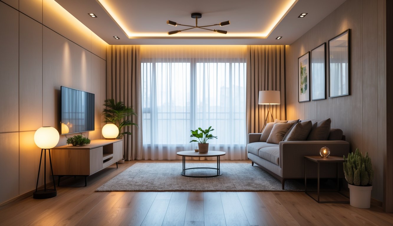 Interior rumah dengan pencahayaan hangat dan alami, menampilkan ruang tamu yang nyaman dengan sofa, lampu lantai, dan jendela besar.