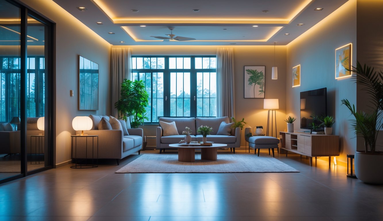 Ruang tamu dengan pencahayaan yang terang dan nyaman, dilengkapi sofa, meja kopi, dan tanaman hias.