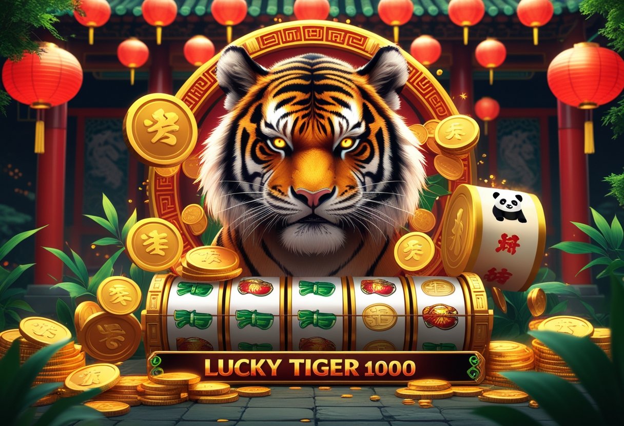 Ilustrasi seekor harimau yang kuat dikelilingi koin emas dan permata dengan latar belakang kuil Asia dan lentera merah, menggambarkan suasana permainan slot yang penuh keberuntungan dan kemakmuran.