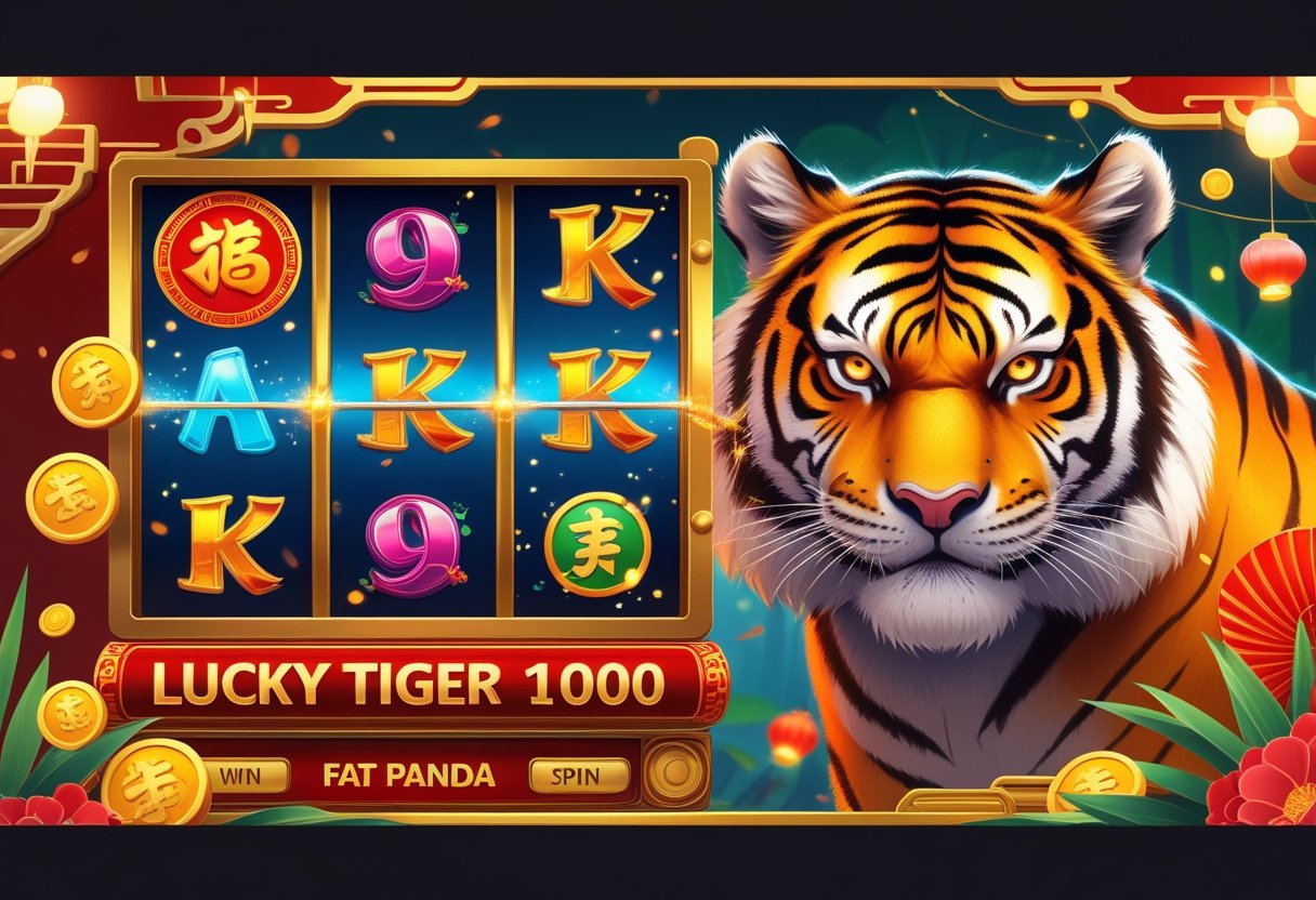 Ilustrasi mesin slot dengan harimau emas yang menonjol, simbol keberuntungan, dan gulungan berwarna-warni dengan simbol keberuntungan seperti koin dan lentera merah.