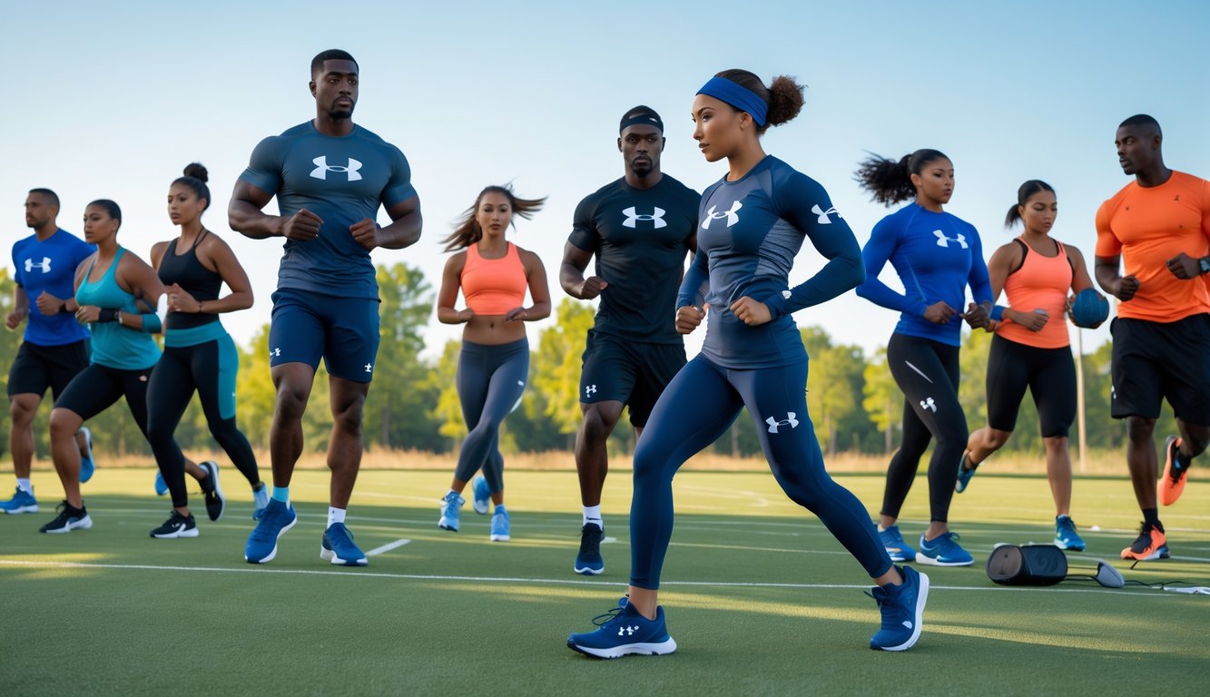 Sekelompok atlet beragam sedang berlatih di luar ruangan mengenakan pakaian olahraga Under Armour.