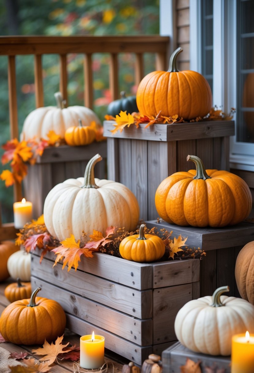 A fall deck decorated with vibrant orange and white pumpkins in wooden planters surrounded by autumn leaves and cozy decor.