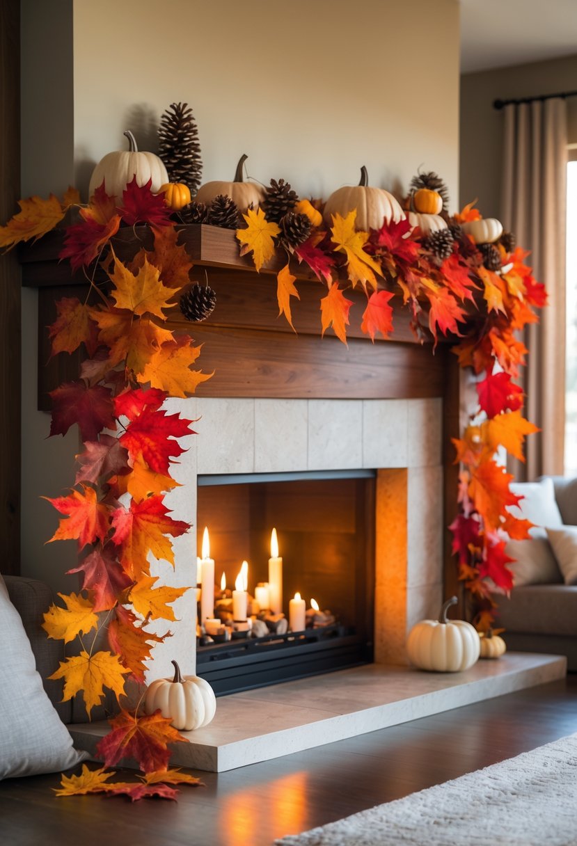 A cozy living room with a fireplace mantel decorated with a garland of colorful autumn leaves and small fall accents.