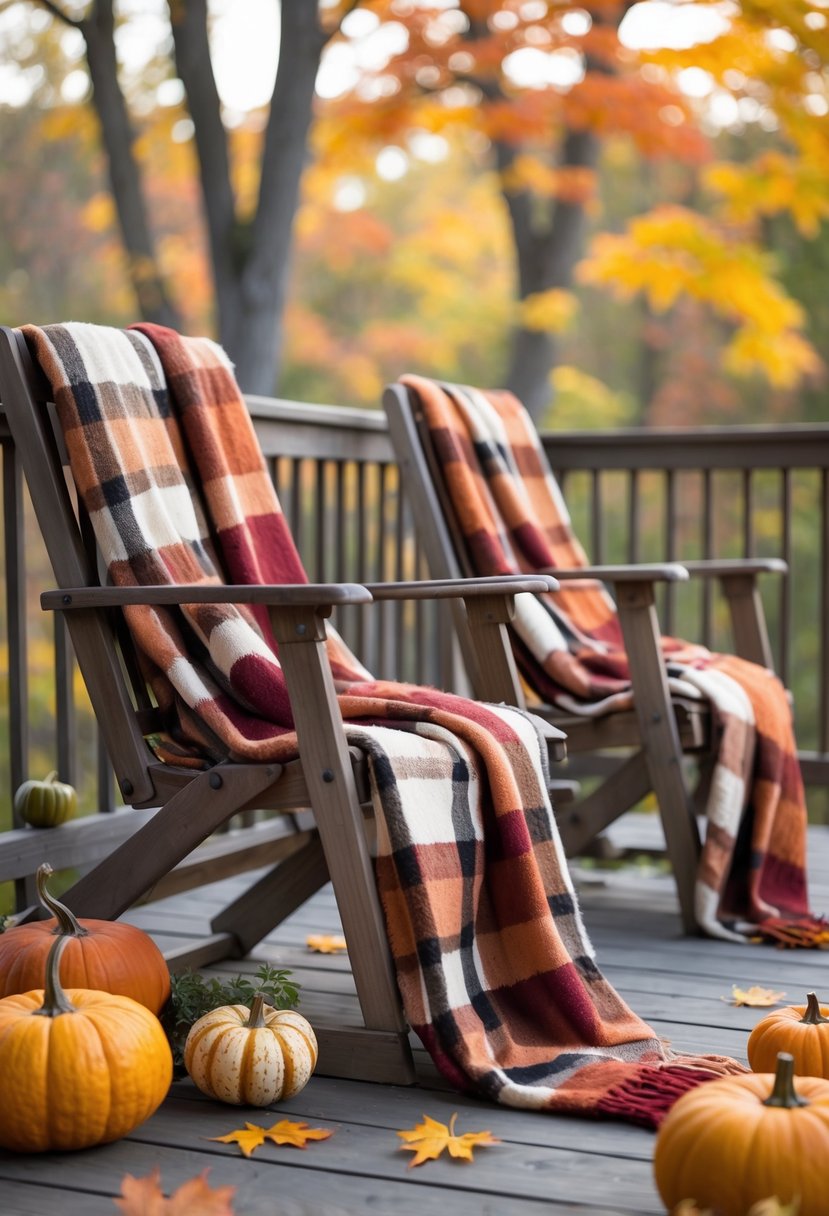 Deck chairs with plaid throw blankets surrounded by fall leaves and pumpkins on an outdoor deck.