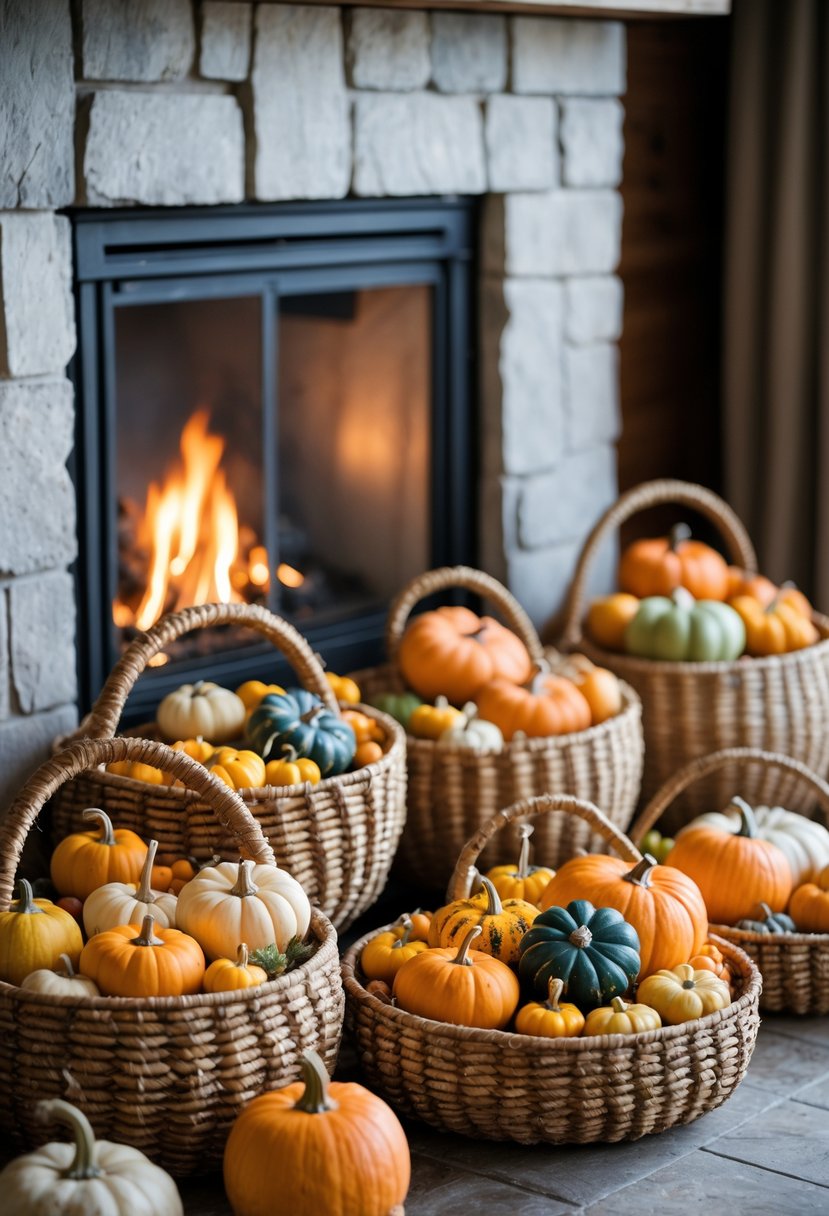 Woven baskets filled with mini pumpkins and gourds placed near a fireplace hearth.