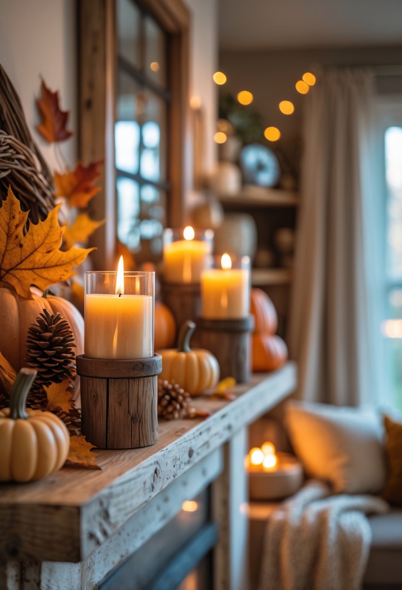 A cozy living room with a warm fireplace and rustic wooden candle holders holding lit candles surrounded by fall decorations.