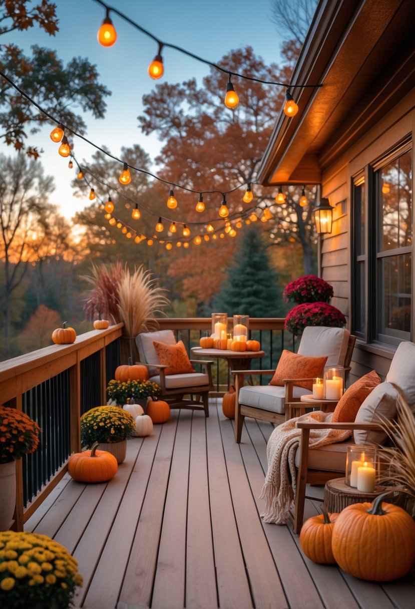 An outdoor deck decorated with warm amber string lights, pumpkins, fall leaves, and cozy seating surrounded by colorful autumn trees.