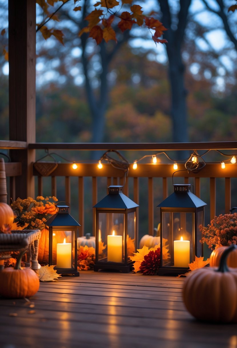 Outdoor deck decorated with lanterns containing flameless candles and autumn decorations including pumpkins and fall leaves in the evening.
