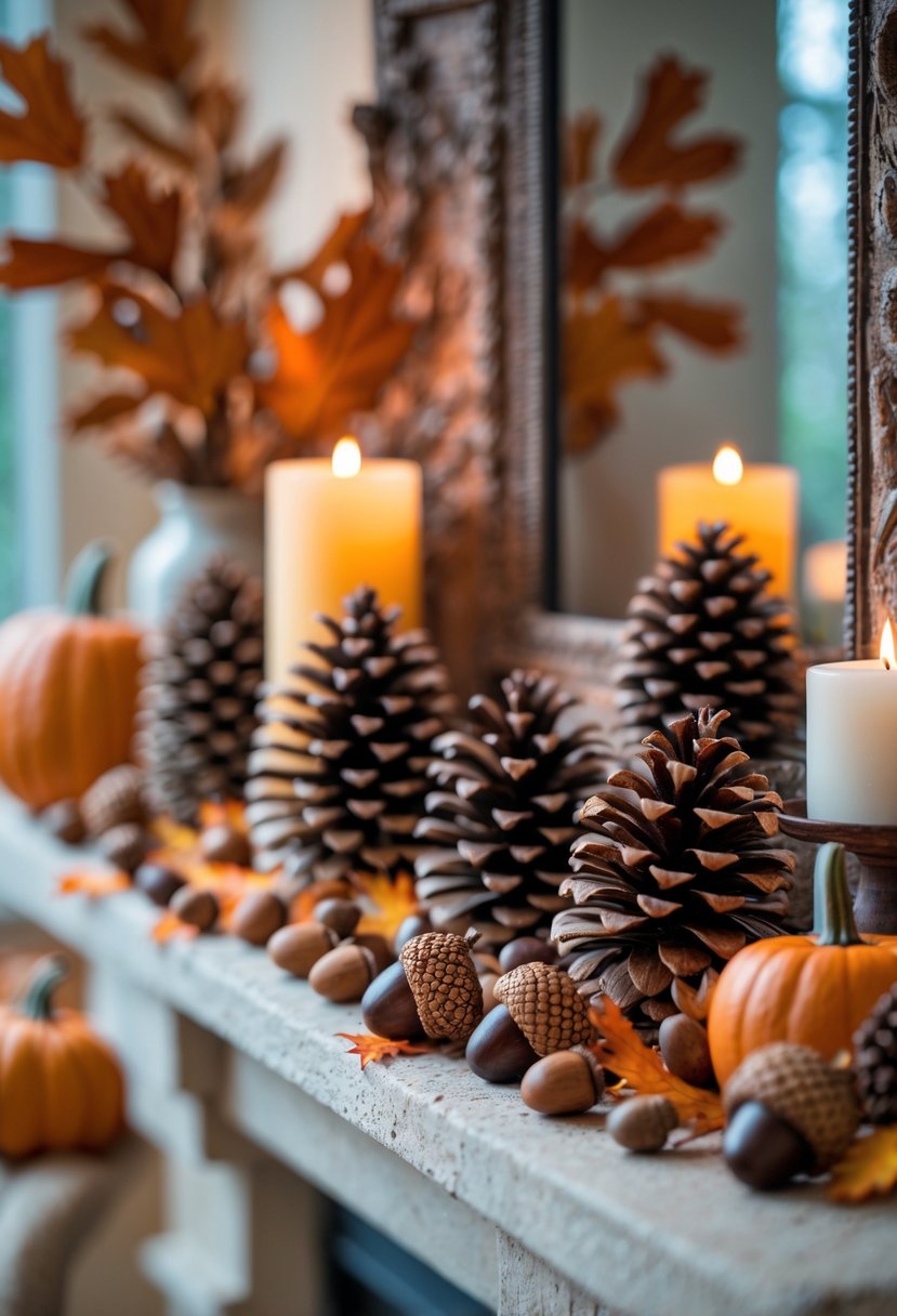 A mantel decorated with natural pinecones and acorns scattered across it above a cozy fireplace.