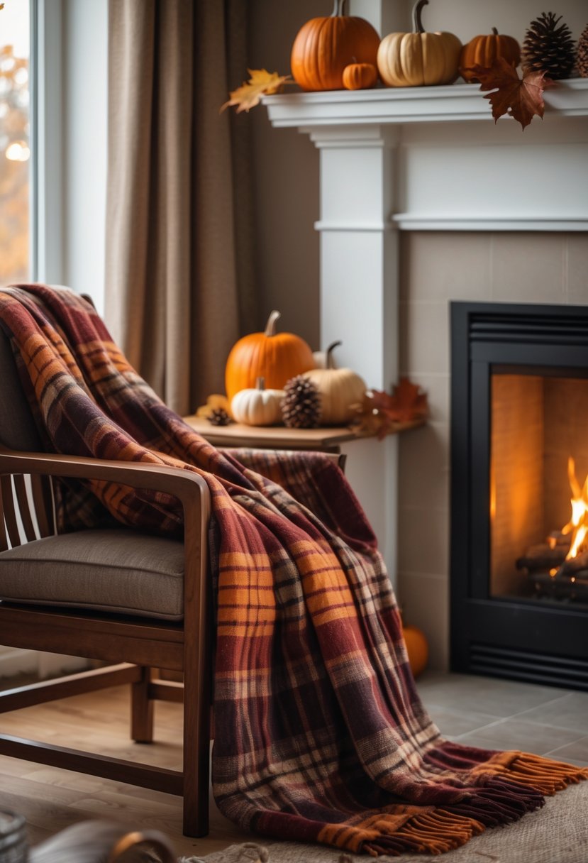 A living room with a burning fireplace and a wooden chair draped with a plaid throw blanket, decorated with fall-themed items.