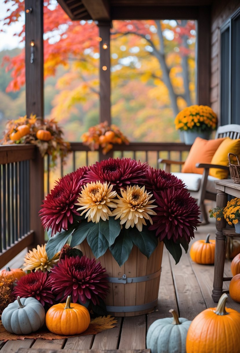 A deck decorated for fall with large deep red and gold chrysanthemums, pumpkins, and wooden furniture surrounded by autumn leaves.