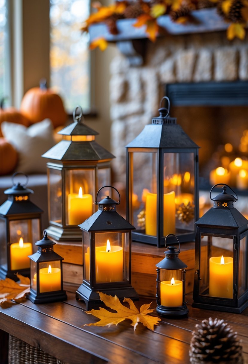 A group of vintage lanterns with warm glowing LED candles placed near a fireplace decorated with fall items like pumpkins and autumn leaves.