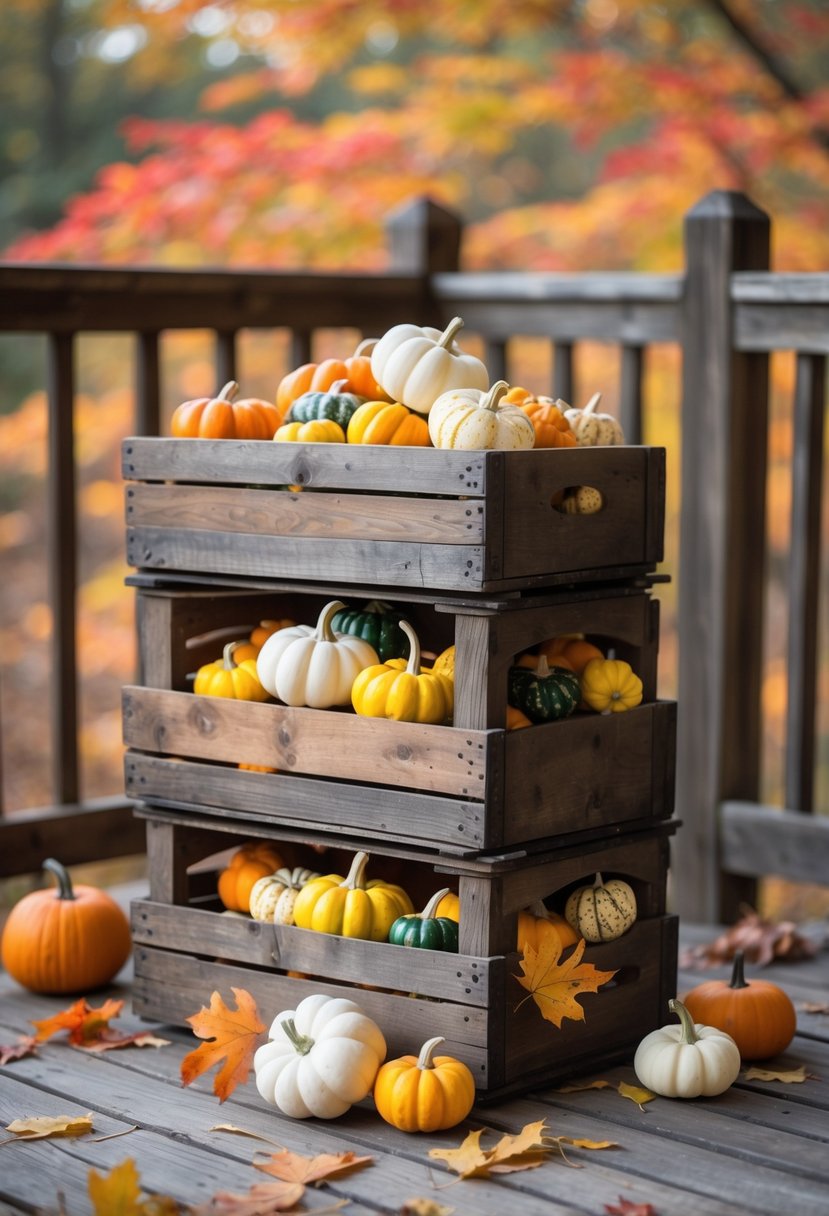 Stacked rustic wooden crates filled with colorful mini gourds on a wooden deck surrounded by autumn leaves.