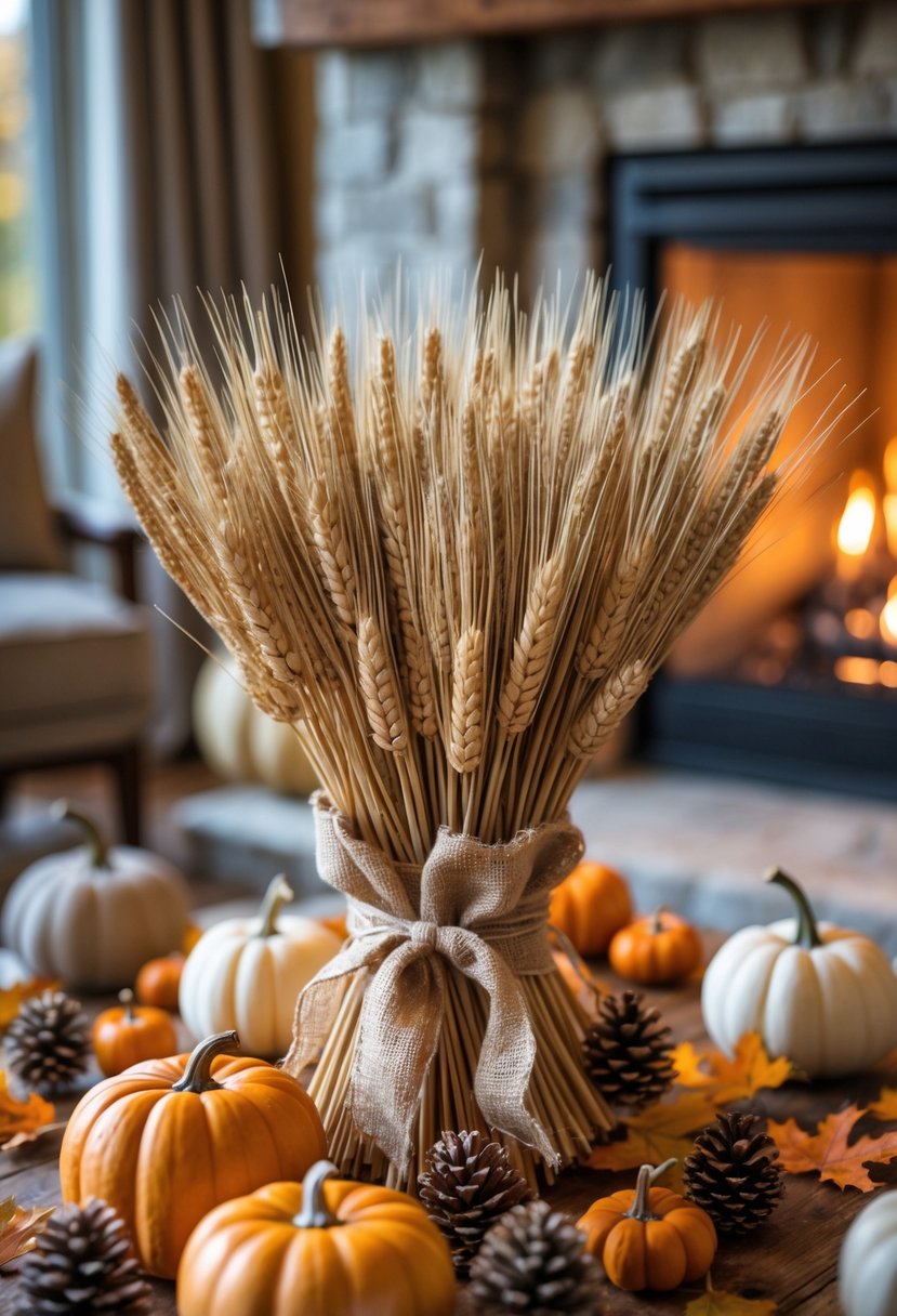 A dried wheat bundle tied with burlap placed on a wooden table in front of a lit fireplace with autumn decorations around it.