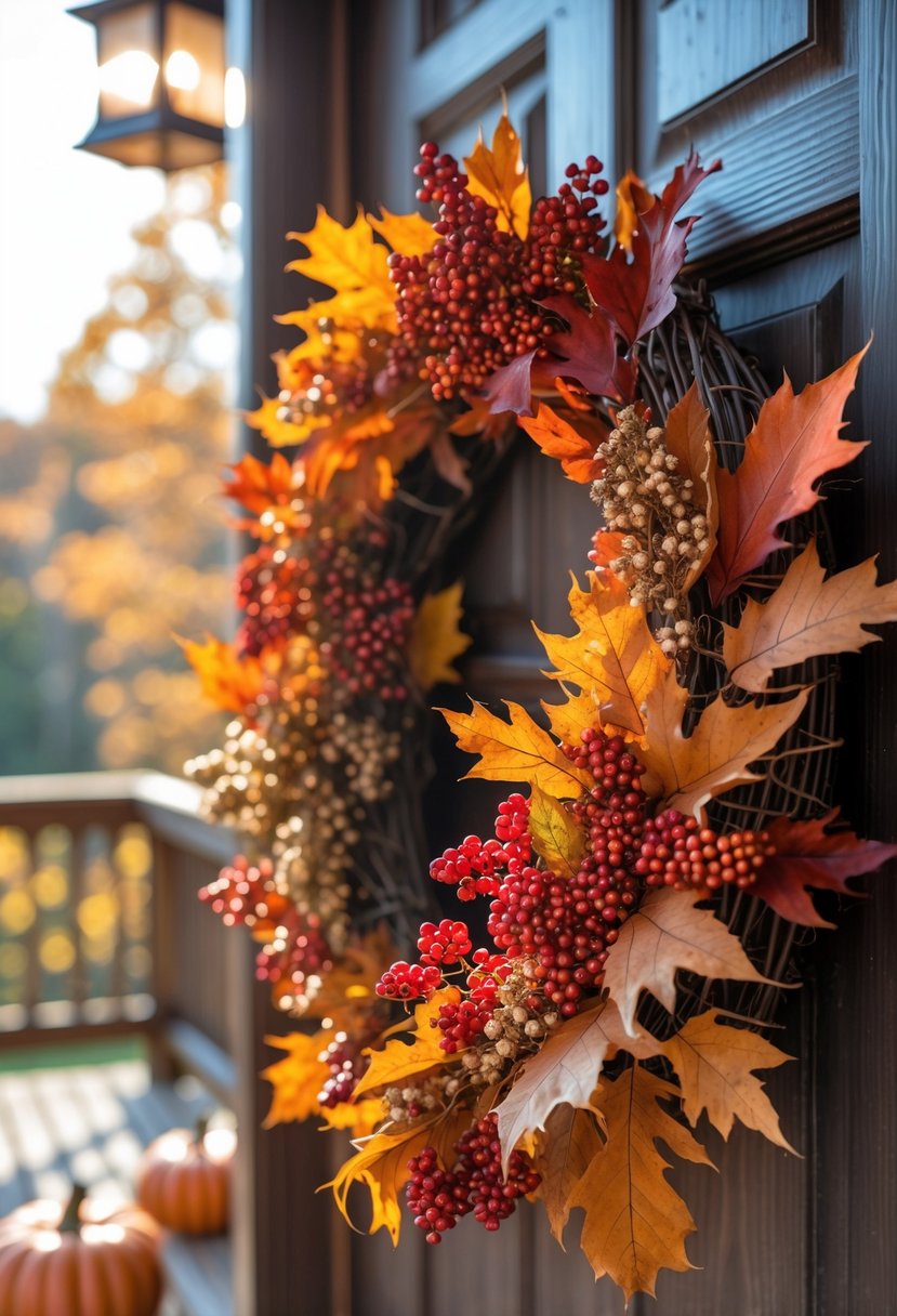 Deck doors decorated with wreaths made of dried leaves and berries in warm fall colors.