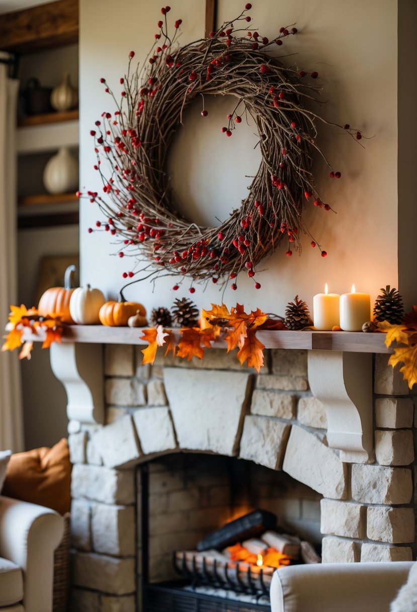 A seasonal wreath made of twigs, berries, and leaves hanging above a stone fireplace in a cozy living room.