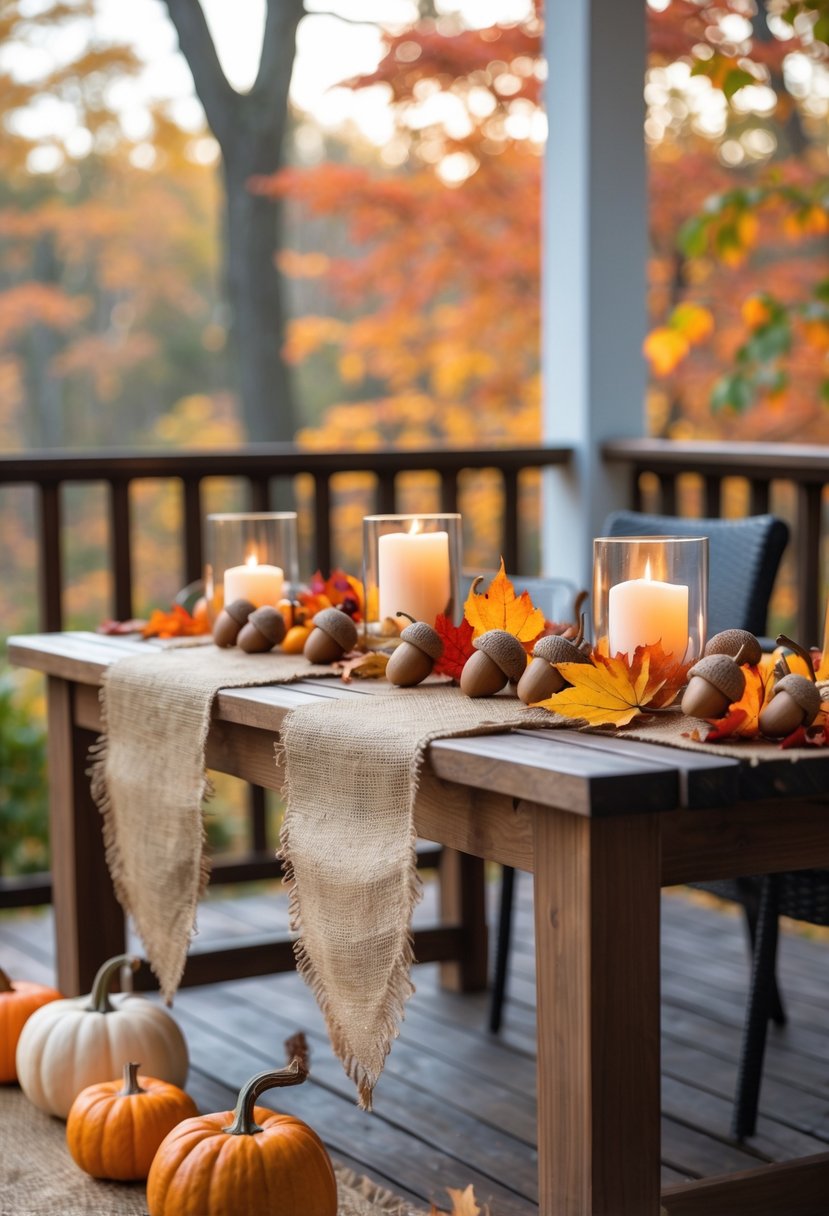 Outdoor wooden table with burlap runners and acorn decorations surrounded by fall leaves and pumpkins on a deck with autumn trees in the background.