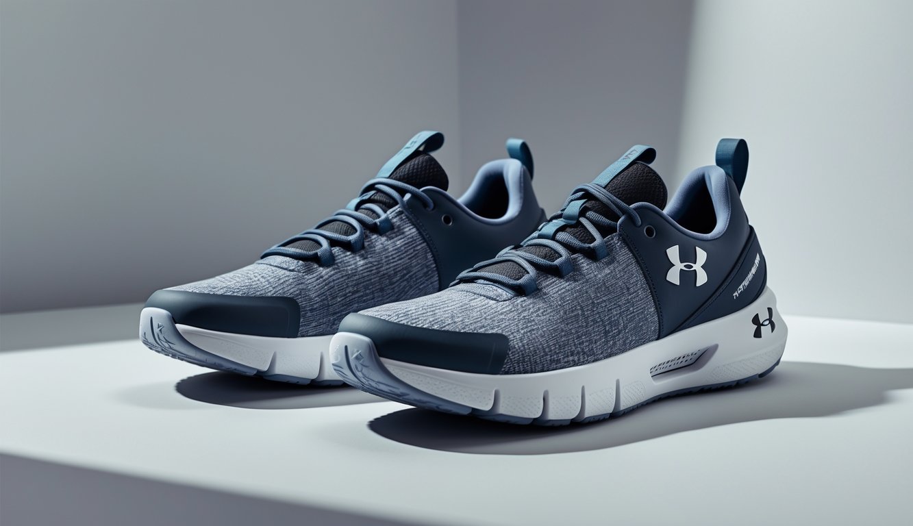 Sepasang sepatu olahraga Under Armour diletakkan di latar belakang netral.
