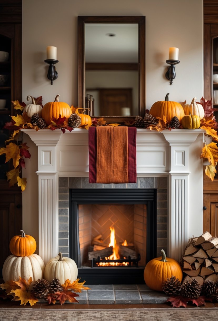 A fireplace mantel decorated with a burnt orange and deep red runner surrounded by autumn decorations like pumpkins and fall leaves.