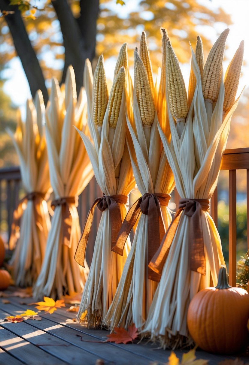 Decorative bundles of dried cornstalks tied with ribbons arranged on a wooden deck with pumpkins and fallen leaves in the background during autumn.