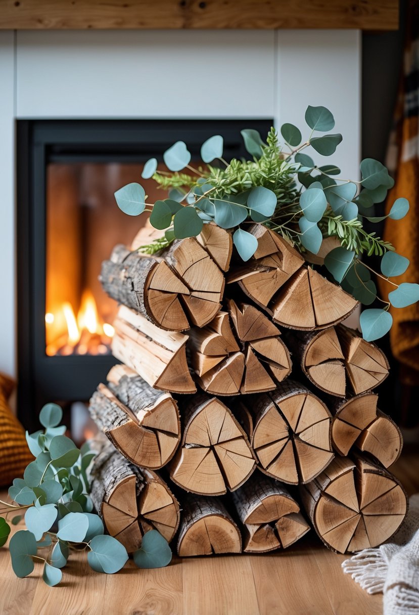 A stack of firewood with eucalyptus sprigs placed next to a fireplace in a cozy indoor setting.