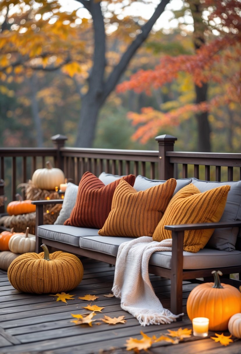 Outdoor deck with knit cushions in burnt sienna and mustard colors surrounded by autumn decorations.
