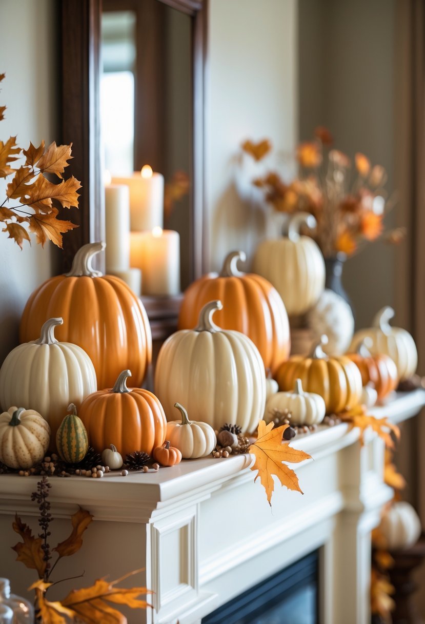 A mantel decorated with ceramic pumpkin figurines of different sizes above a lit fireplace with fall decorations.