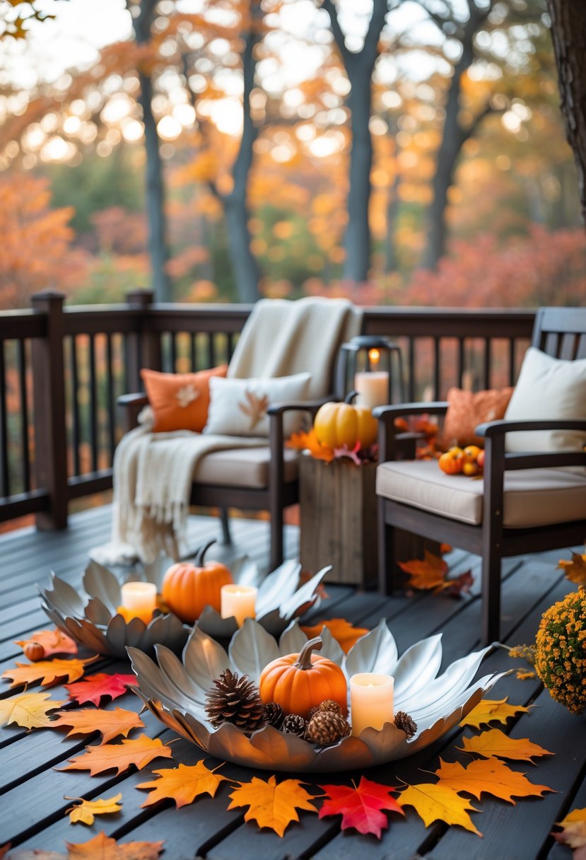 Metal leaf-shaped trays arranged on a decorated outdoor deck with autumn leaves, pumpkins, and candles.