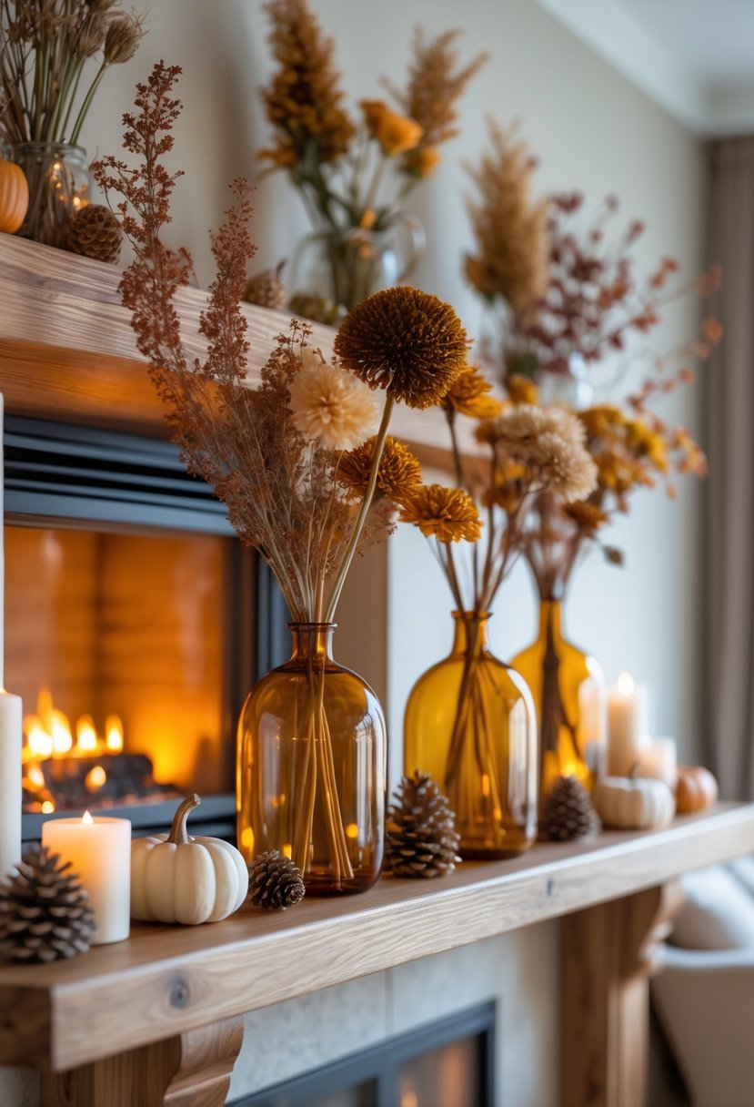 Amber glass vases filled with dried flowers arranged on a mantel above a lit fireplace with fall decorations.