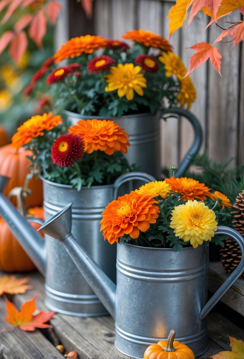 Vintage metal watering cans filled with colorful fall flowers arranged on a wooden deck with autumn leaves.