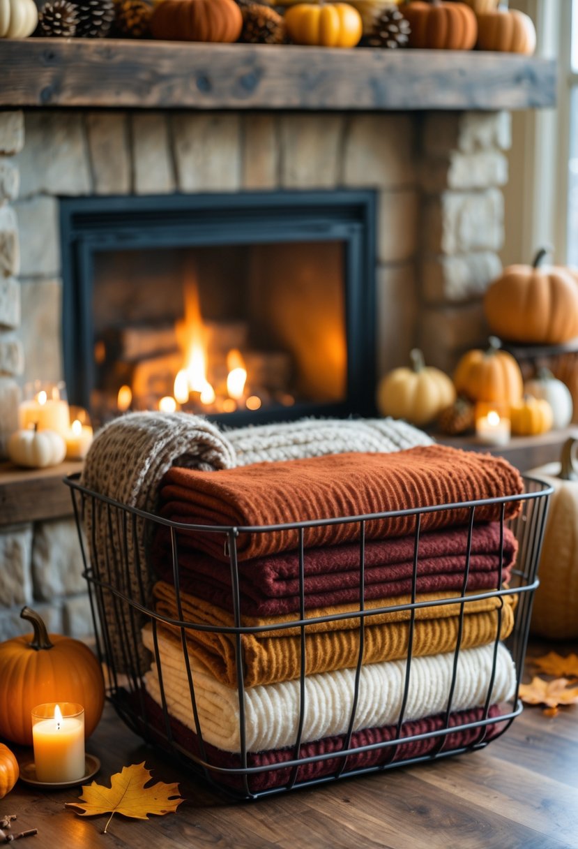 A metal basket filled with soft wool blankets placed near a fireplace with fall decorations around it.