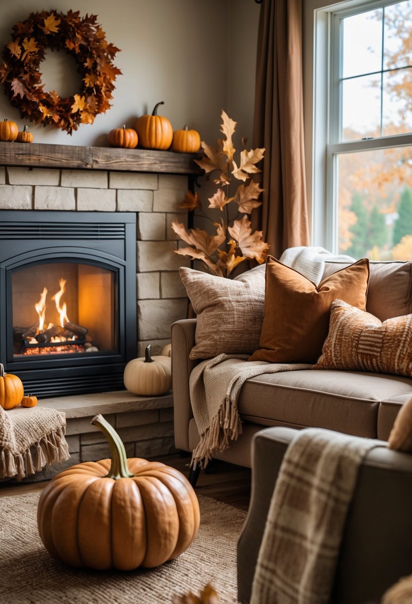 A living room corner with a lit fireplace and seating decorated with earthy-toned throw pillows and fall decorations.