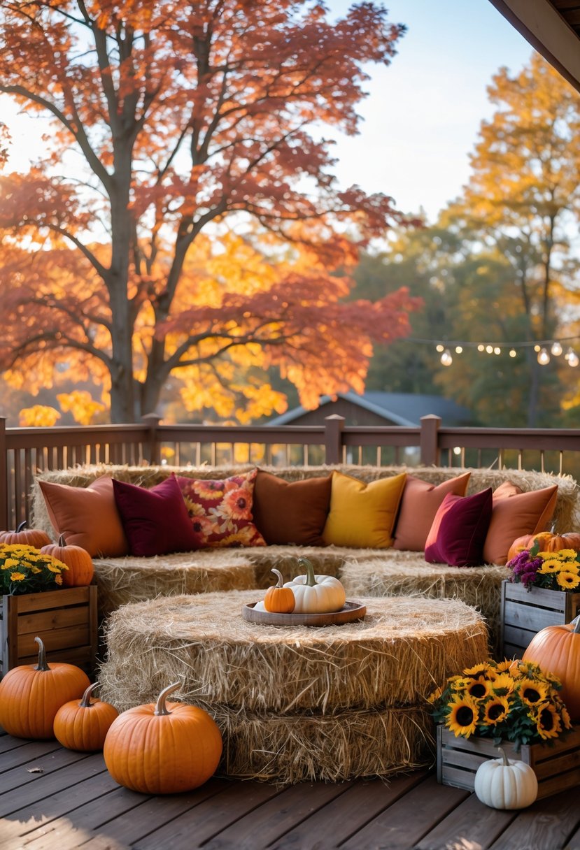 Outdoor deck with hay bales used as seating, decorated with colorful throw pillows and surrounded by pumpkins and fall flowers.