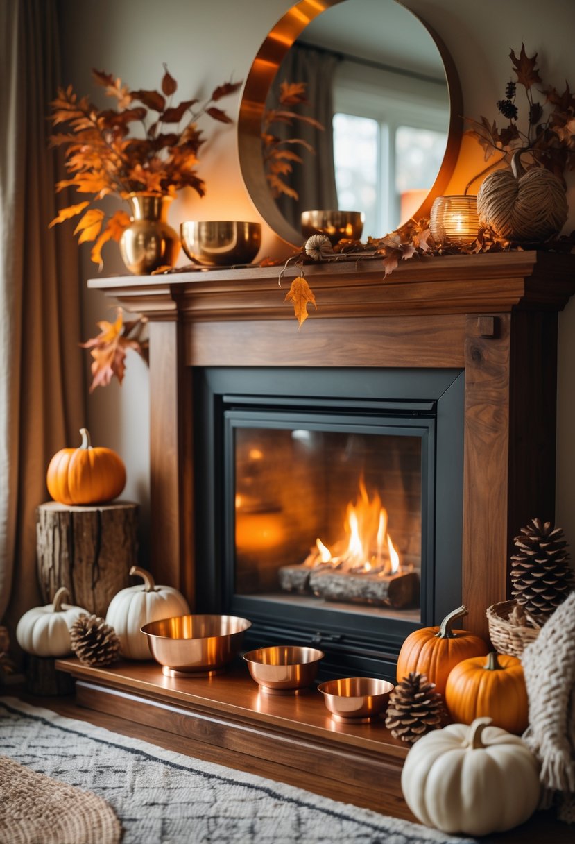 A cozy living room corner with a fireplace decorated for fall, featuring brass and copper bowls and trays among autumn decorations.