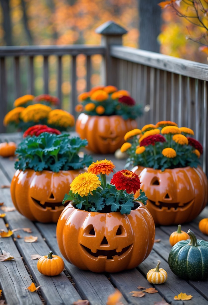 Pumpkin-shaped ceramic planters filled with colorful fall flowers arranged on a wooden outdoor deck with autumn leaves and gourds.