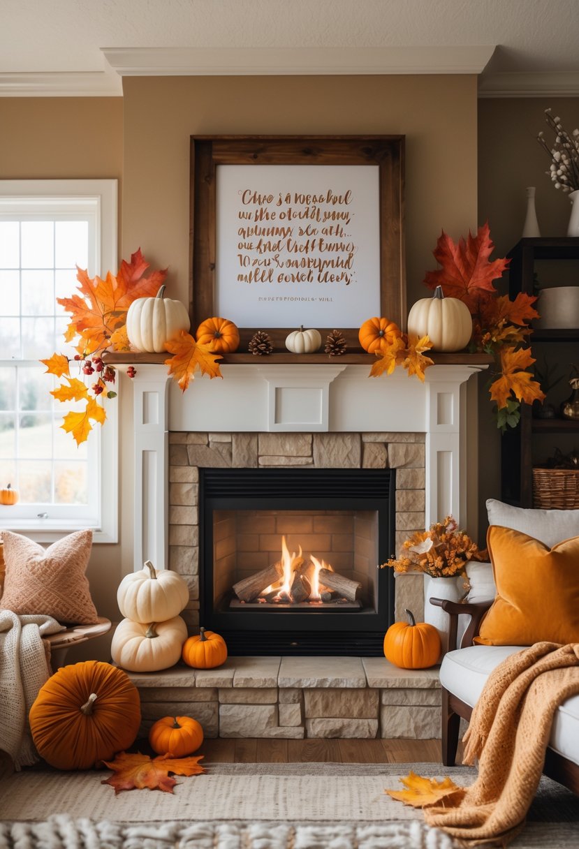 A cozy living room with a fireplace decorated with autumn leaves, pumpkins, and warm blankets, featuring a framed seasonal quote on the mantel.