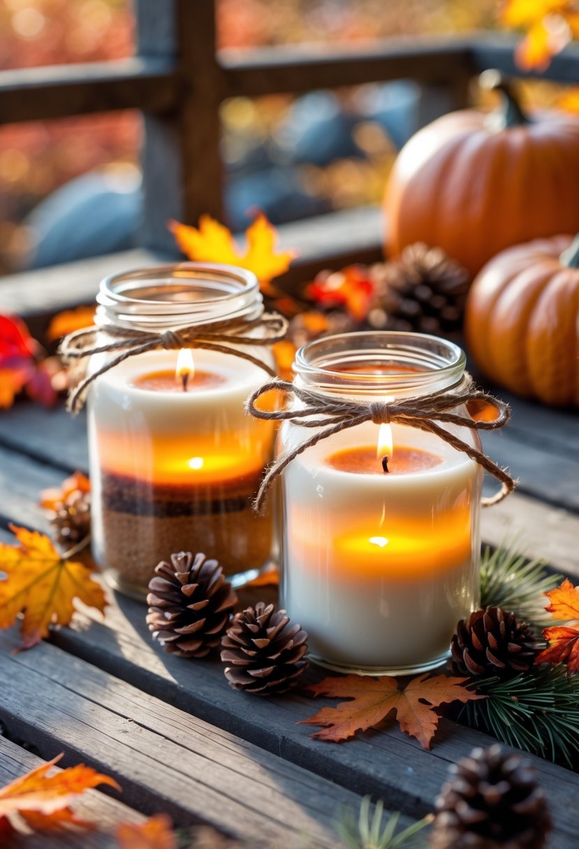 Two mason jars with cinnamon and pine-scented soy candles surrounded by fall leaves, pinecones, and pine sprigs on a wooden deck.