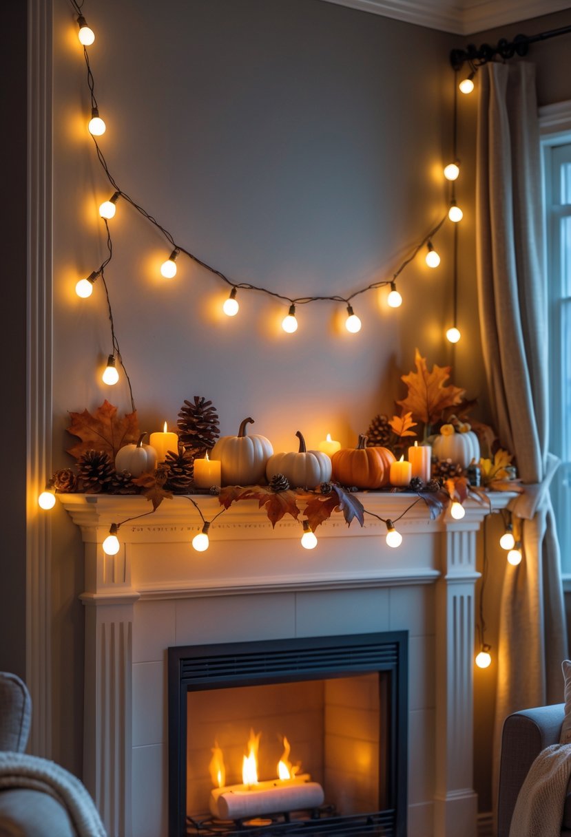 A cozy living room with a fireplace and a mantel decorated with string lights and autumn decorations.
